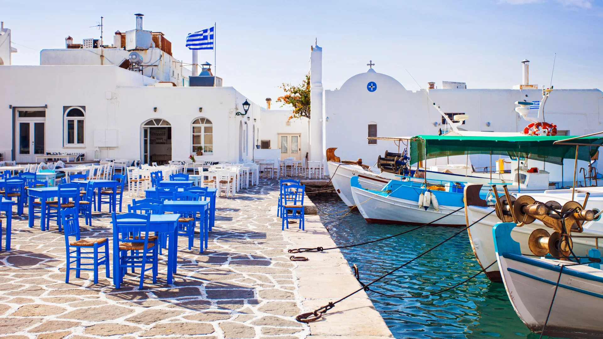 A restaurant in a harbor on Paros