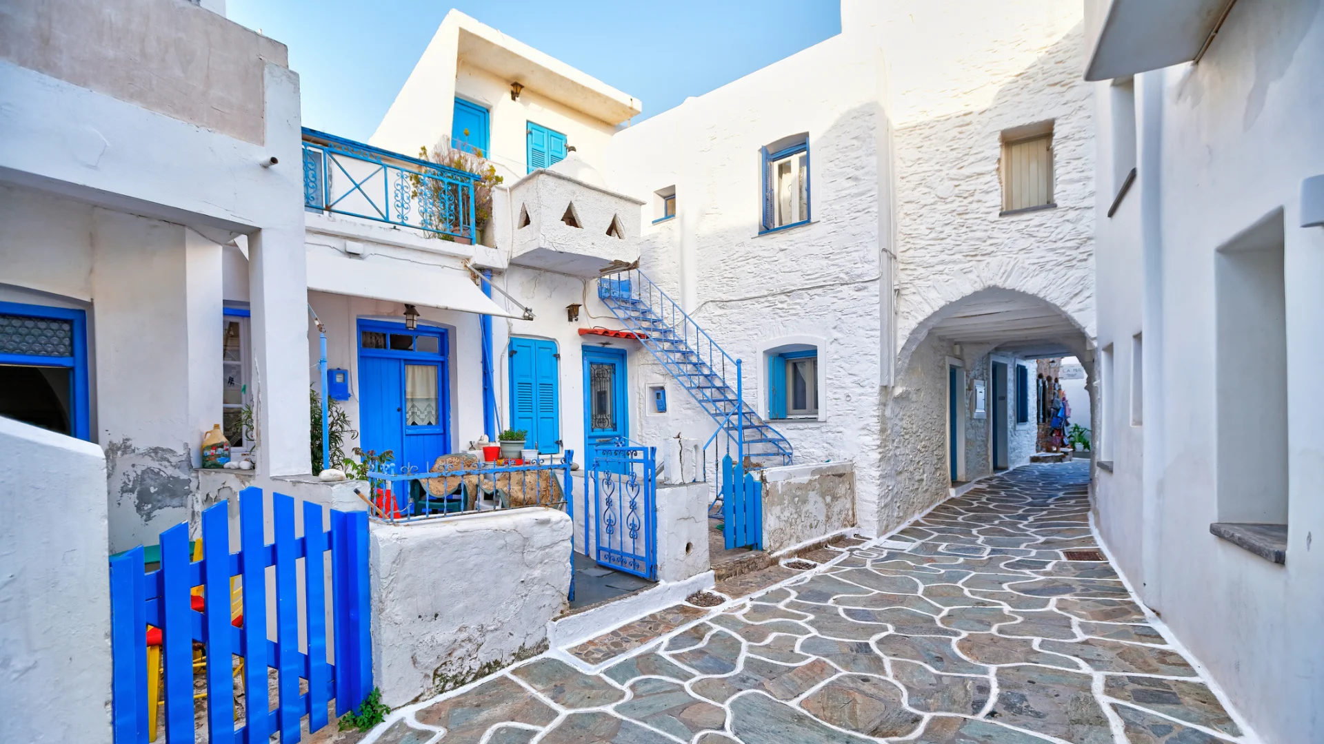 Street in Kythnos with typical greek colors