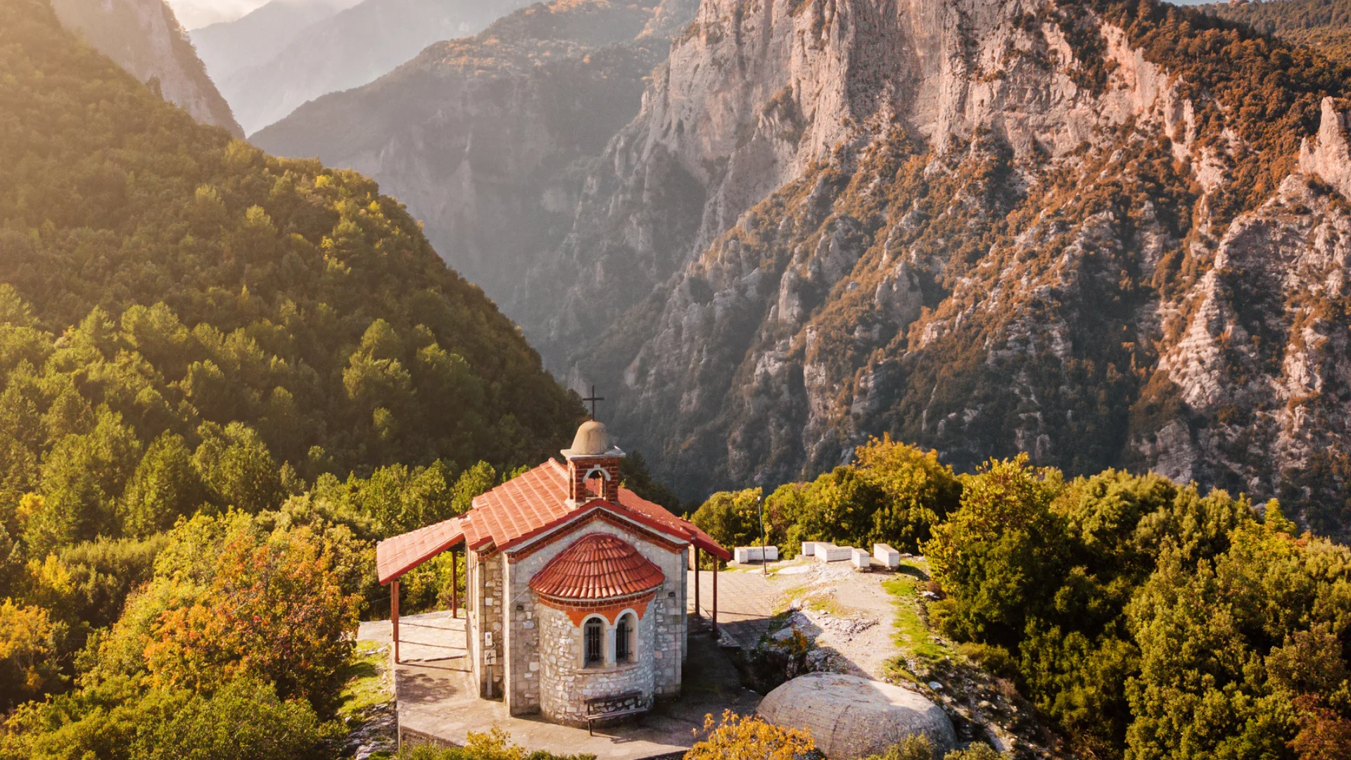 church in a deep canyon near Mountain Olympus